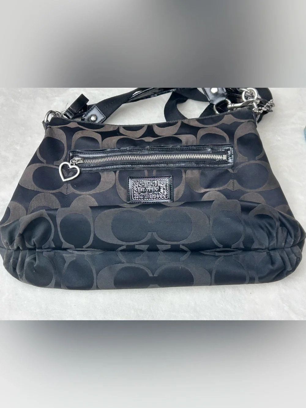 Coach #F20064 Black & Brown Signature Fabric Crossbody Hobo Bag Heart Charm